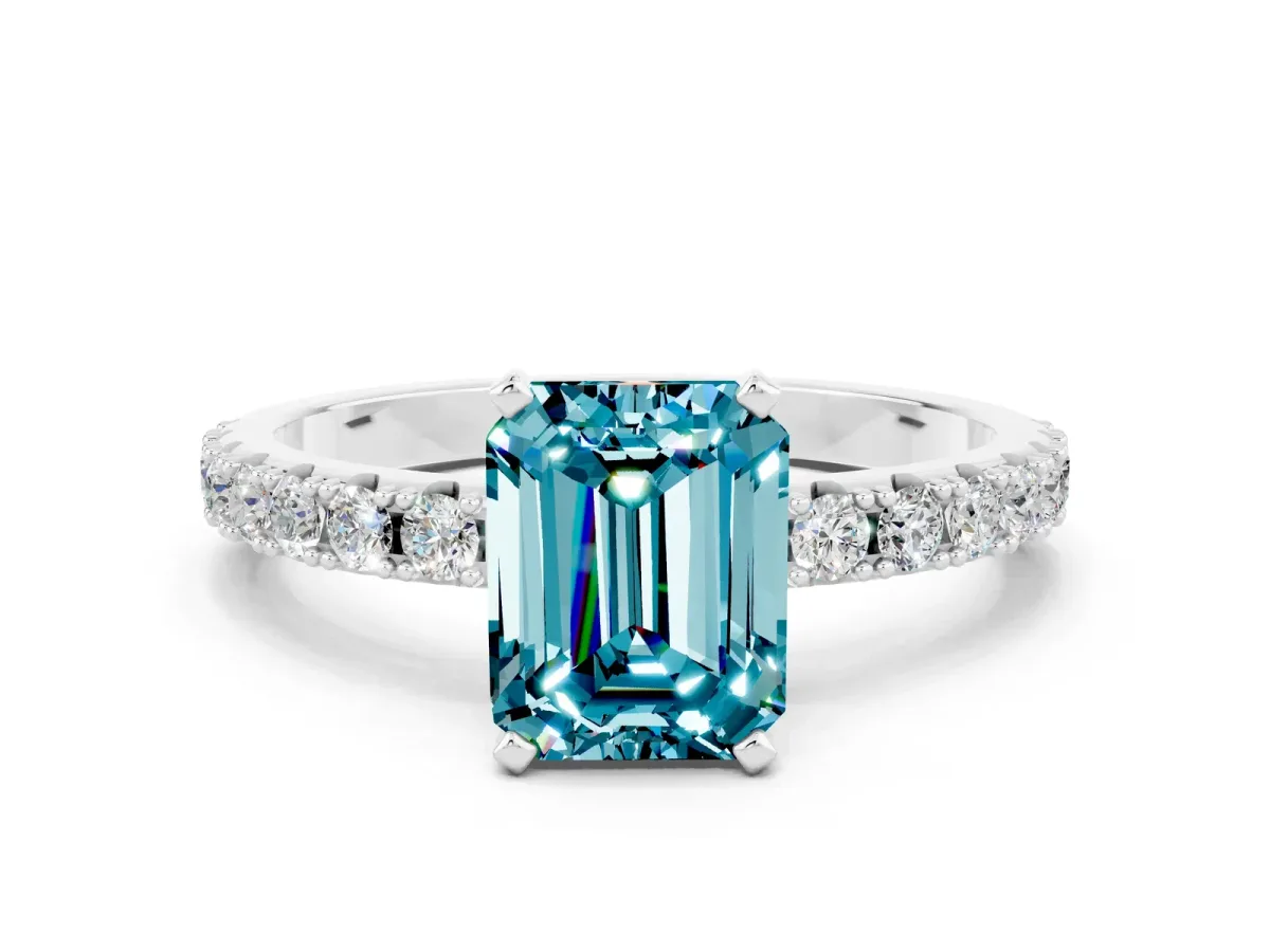 Emerald Cut Blue Topaz Solitaire Pavé Band with Four-Prong Setting Platinum