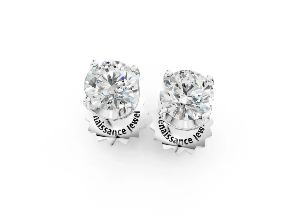 Round Solitaire Diamond Stud Earrings with Four-Prong Basket Setting Silver