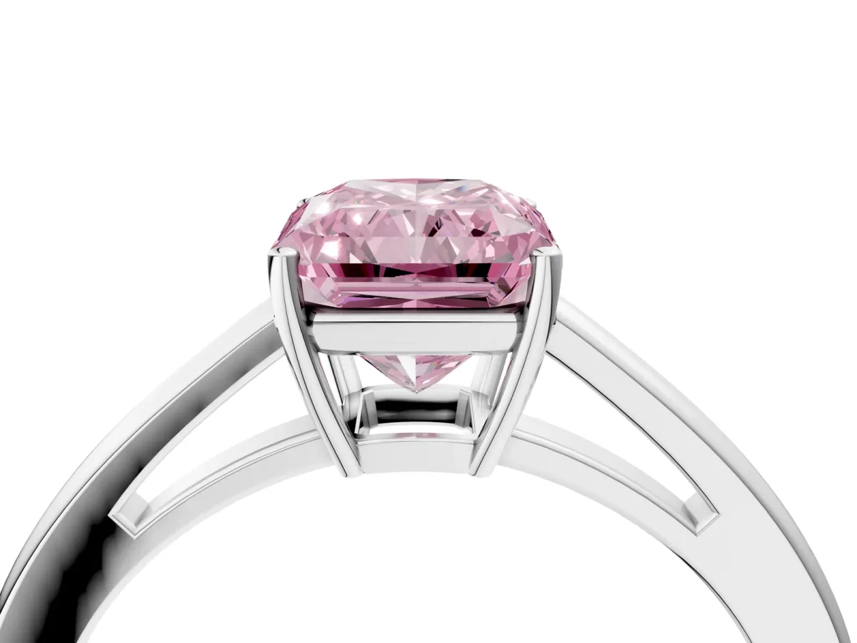 Fancy Pink Radiant Cut Solitaire Diamond Ring with Split Shank and Four-Prong Setting Platinum