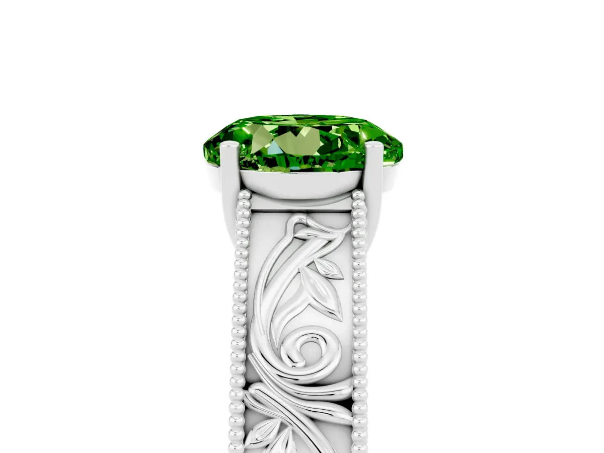 Round Cut Peridot Solitaire Ring with Engraved Band and Four-Prong Setting White gold