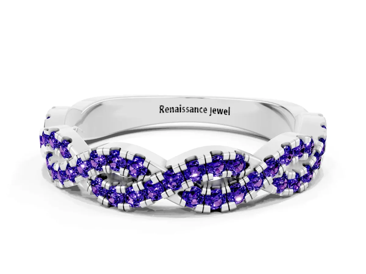 Round Tanzanite Twisted Eternity Band with Pavé and Shared Prong Setting Silver