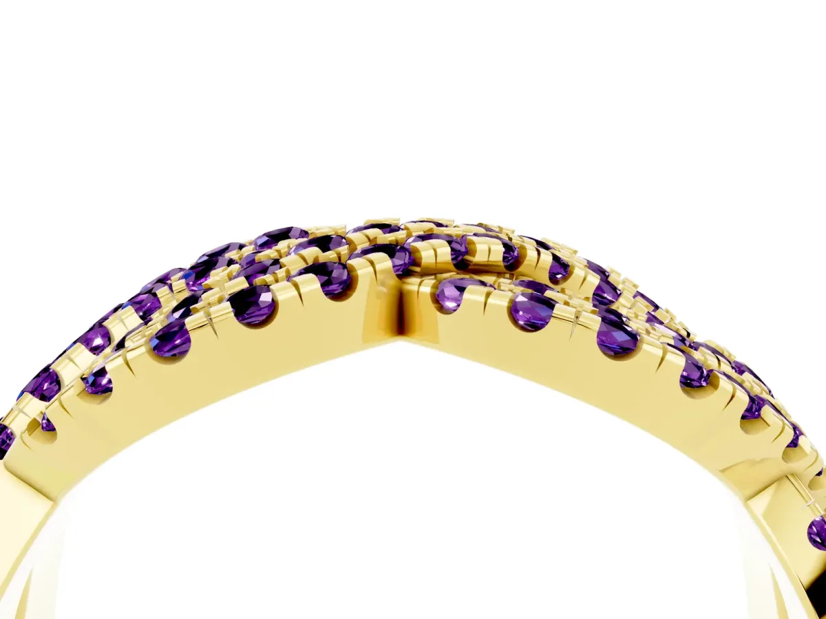 Pavé Round Amethyst Infinity Twist Band with Shared Prong Setting Yellow gold