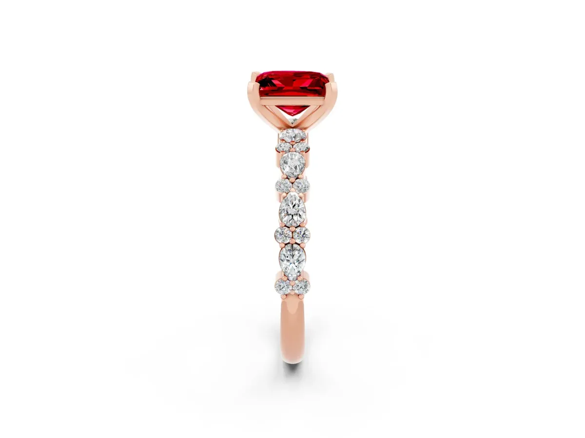 Princess Cut Ruby Side Stone Solitaire Ring with Round and Four-Prong Setting Rose gold
