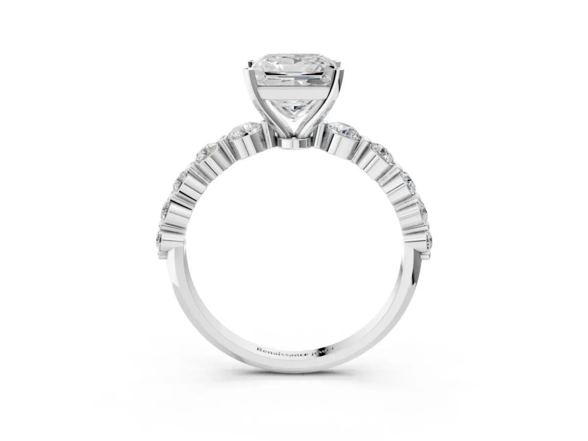 Princess Cut Solitaire Diamond Ring with Pave Band and Four-Prong Setting Platinum
