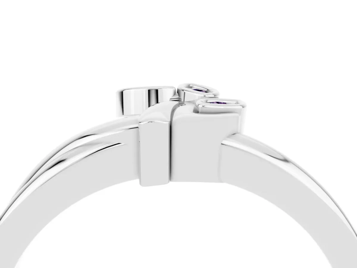 Three-Stone Round Amethyst Leaf Bypass Ring with Bezel Setting Silver