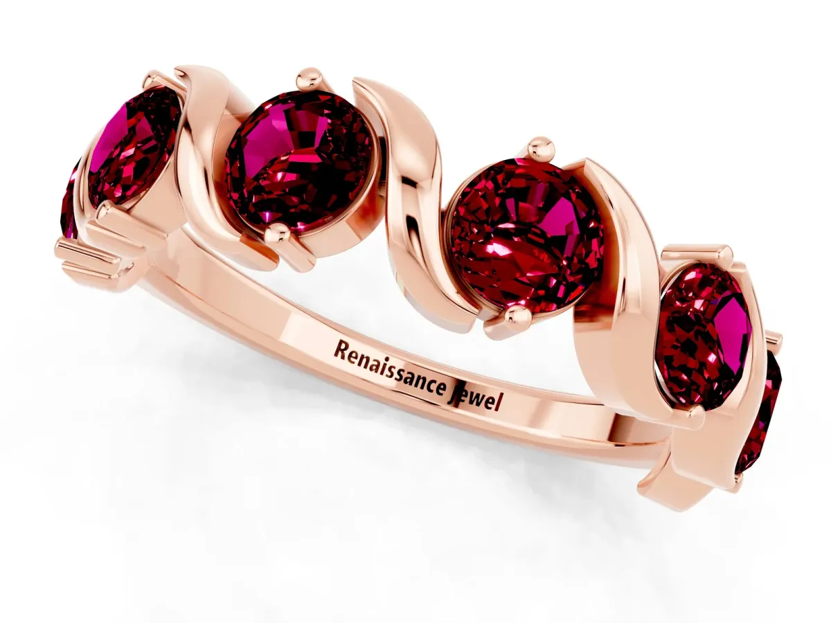 Round Garnet Half Eternity Band with Wave Prong Setting Rose gold