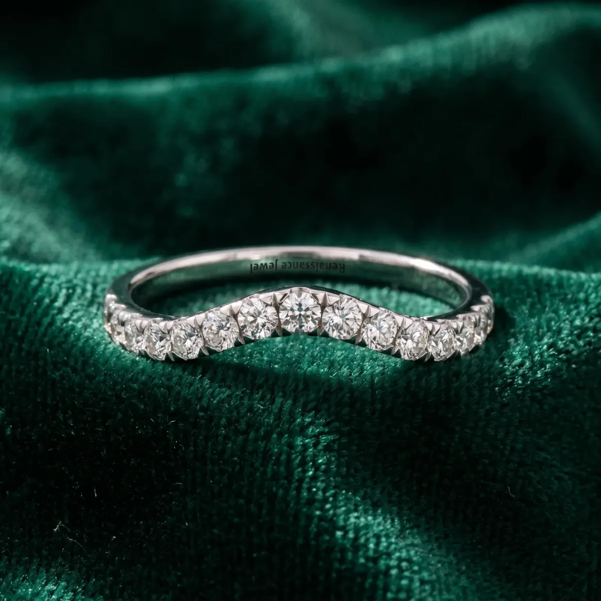 Curved Pavé Round Diamond Wedding Band with Shared Prong Setting Silver