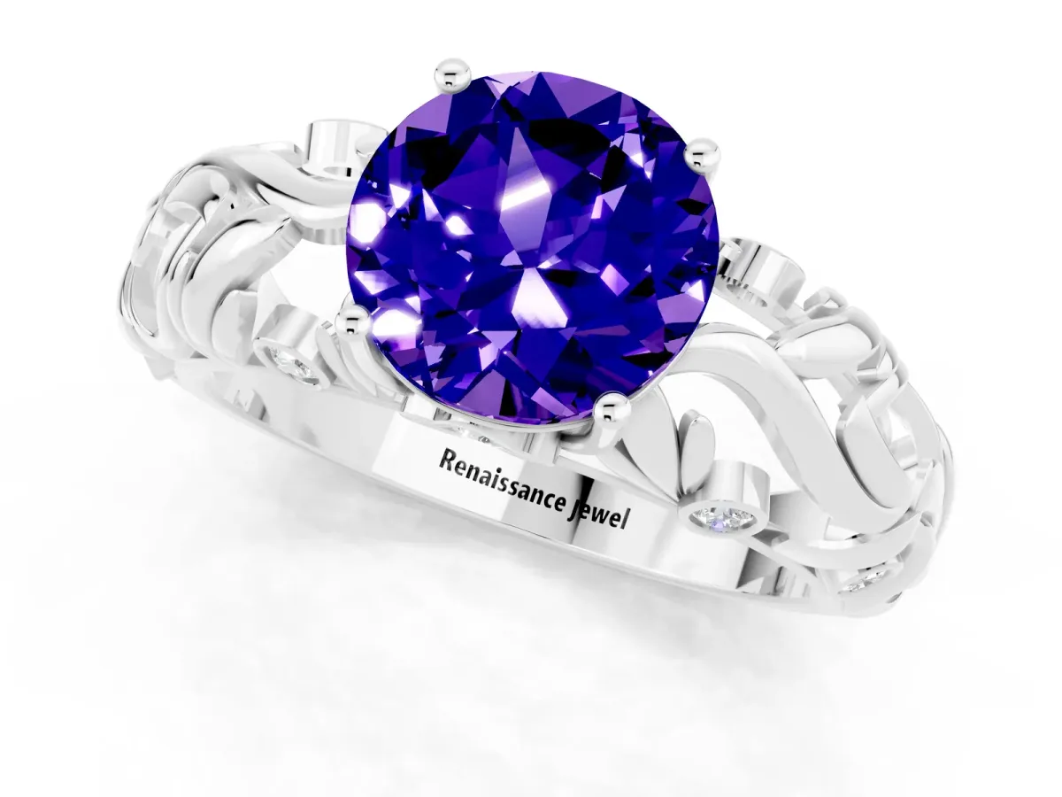Round Cut Solitaire Tanzanite Leaf-Inspired Vine Band Ring with Prong Setting Silver
