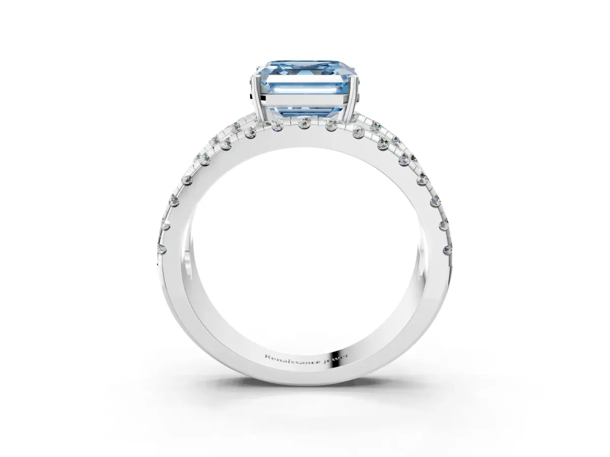 Fancy Blue Asscher Cut Solitaire Split Shank Pave Diamond Ring Platinum