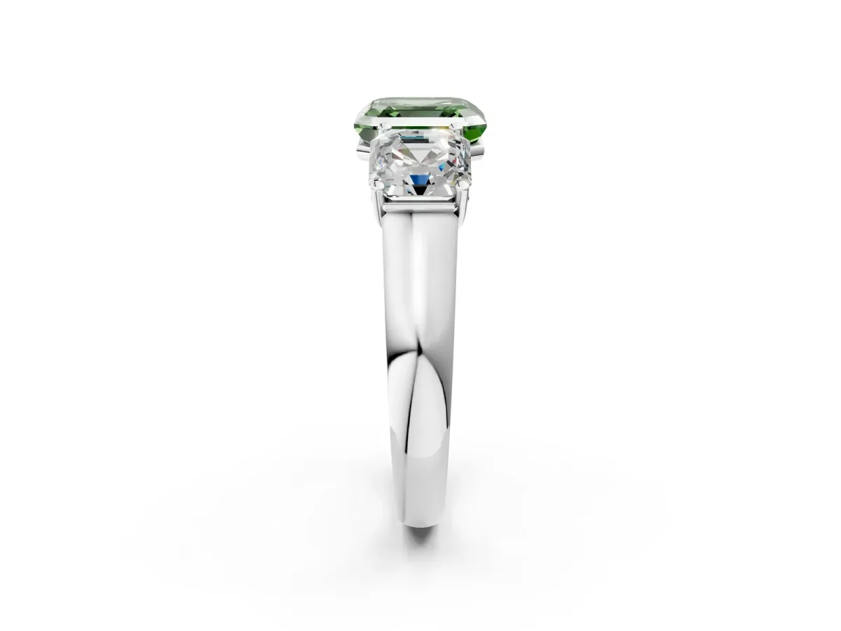 Fancy Green Asscher Cut Three-Stone Diamond Ring with Prong Setting on a Classic Band Platinum