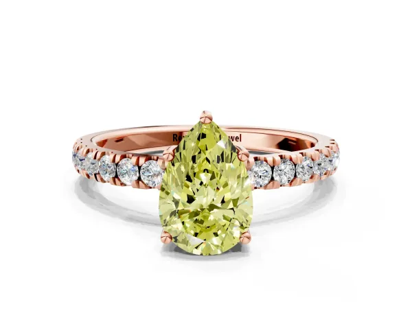 Fancy Yellow Pear Cut Diamond Pave Band Solitaire Ring with Round and Prong Setting Rose gold