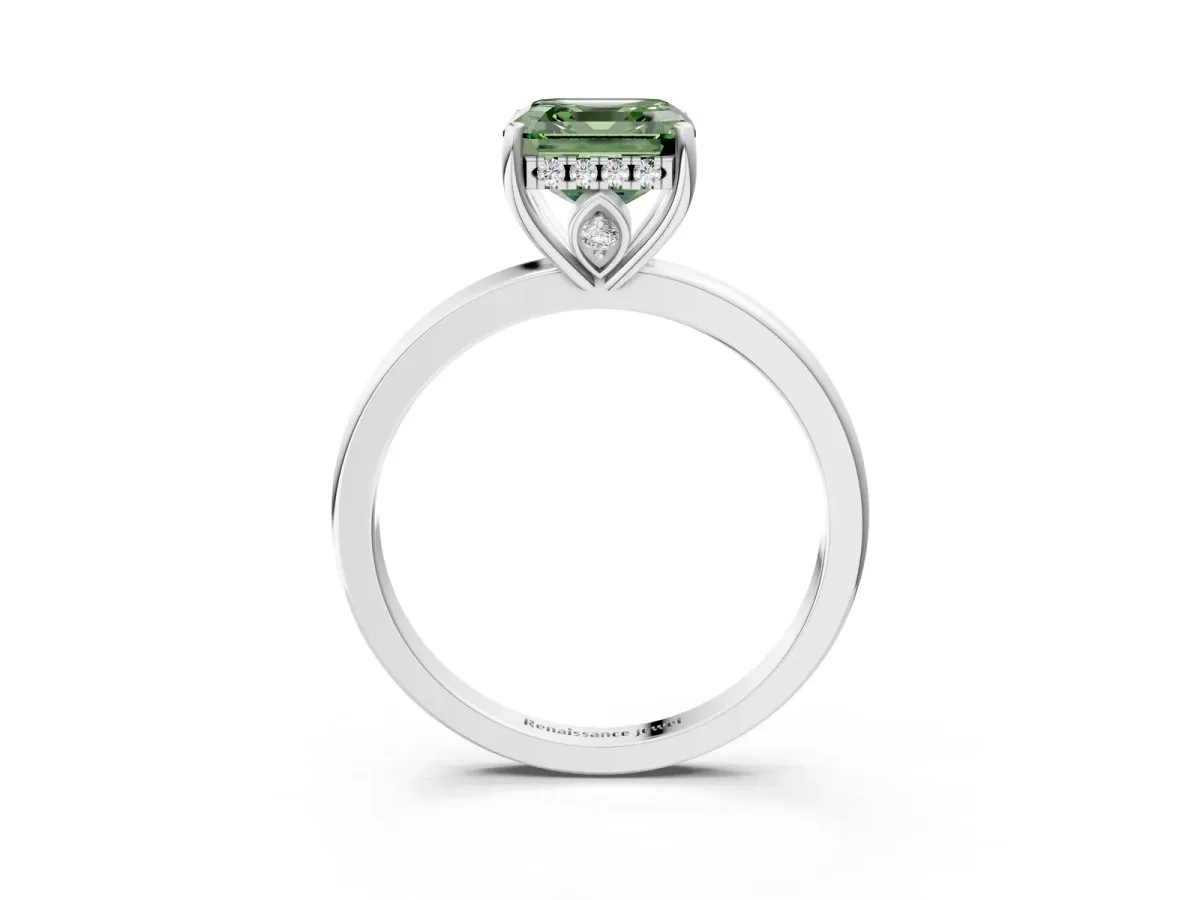 Fancy Green Asscher Cut Solitaire Diamond Ring with Prong Setting and Plain Band Silver
