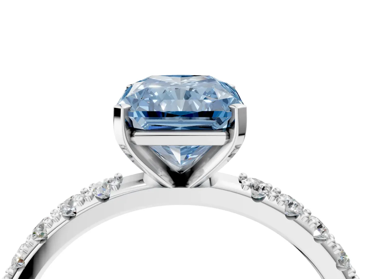 Fancy Blue Radiant Cut Diamond Solitaire Pavé Band with Four-Prong Setting Platinum
