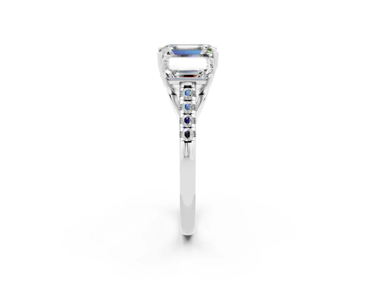 Three-Stone Emerald Cut Moissanite Ring with Round Pavé Band and Prong Setting Silver