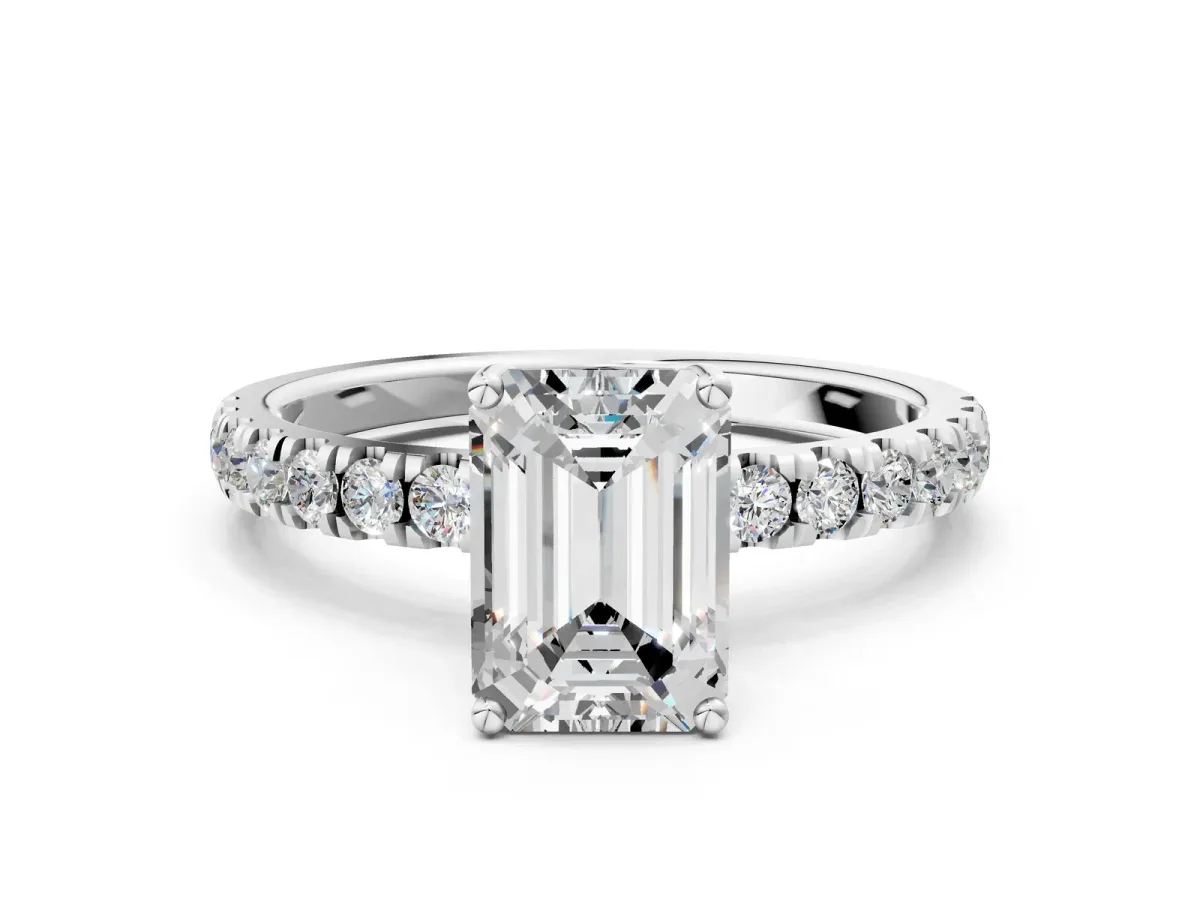 Emerald Cut Diamond Pave Band Solitaire Ring with Round and Prong Setting Platinum