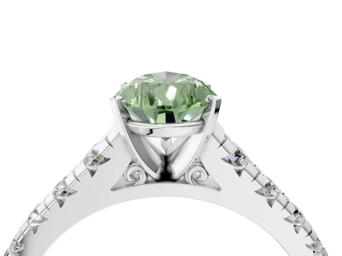 Fancy Green Pear Cut Diamond Cathedral Solitaire Ring with Round Pavé Band Silver