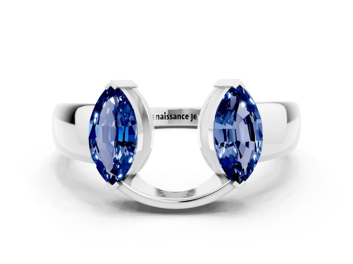 Marquise Blue Sapphire Open Band Ring with Tension Setting White gold