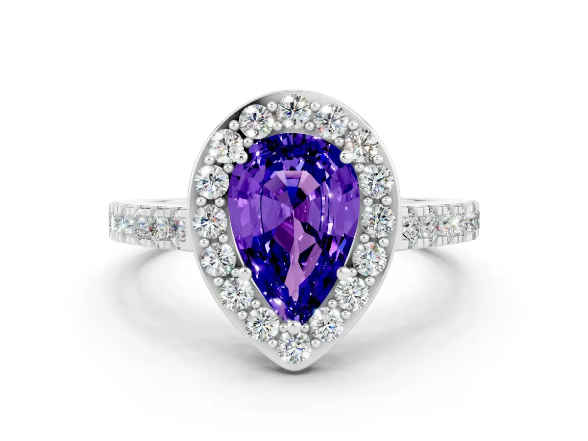 Pear Cut Tanzanite Halo Ring with Round Pavé Split Shank and Prong Setting Platinum