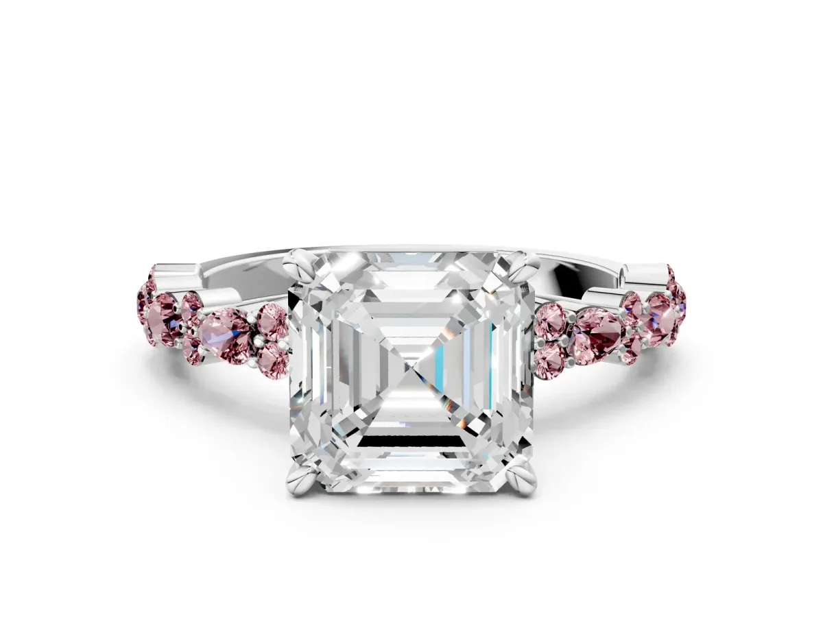 Asscher Cut Diamond Side Stone Solitaire Ring with Round Morganite and Four-Prong Setting Platinum