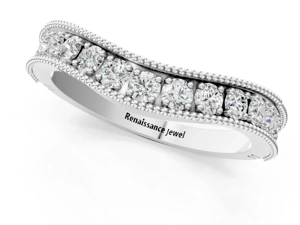 Round Diamond Milgrain Contour Wedding Band with Pavé Setting Silver