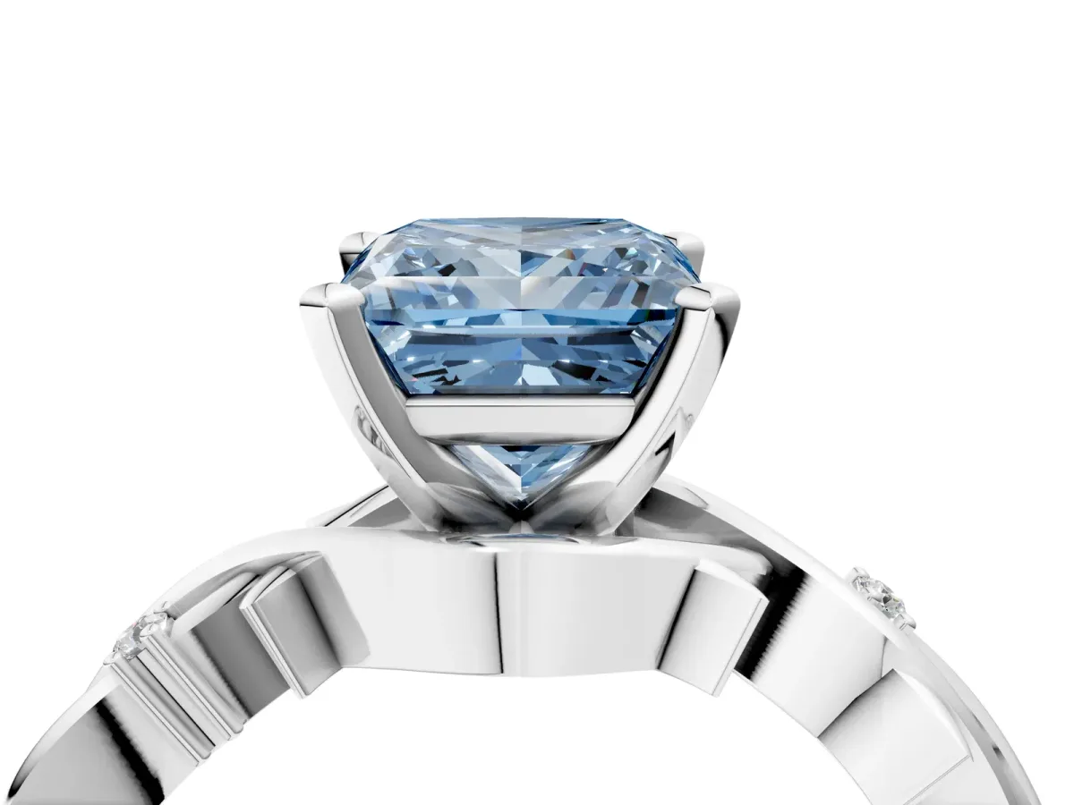 Fancy Blue Princess Cut Diamond Solitaire Ring with Twisted Band and Prong Setting Platinum
