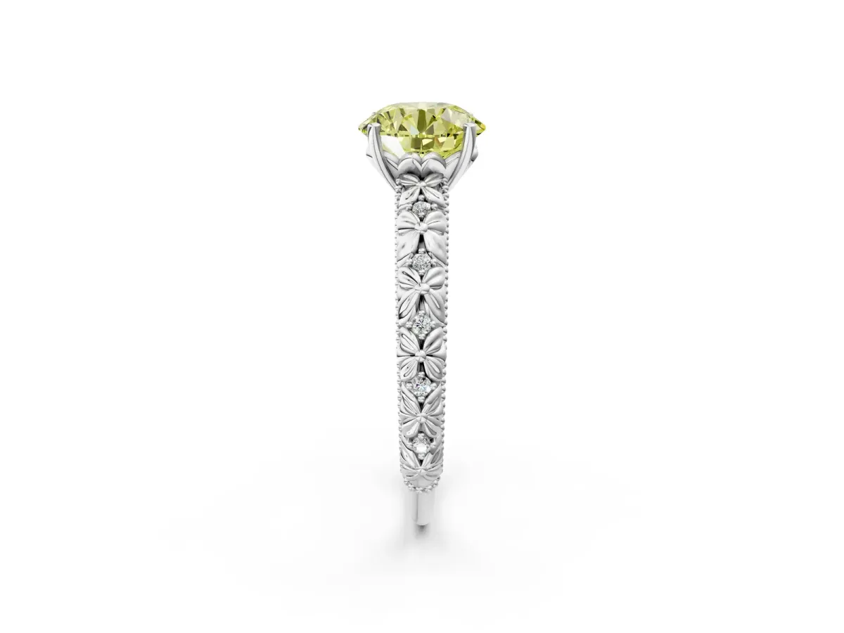 Fancy Yellow Round Cut Solitaire Floral Milgrain Engagement Ring Silver