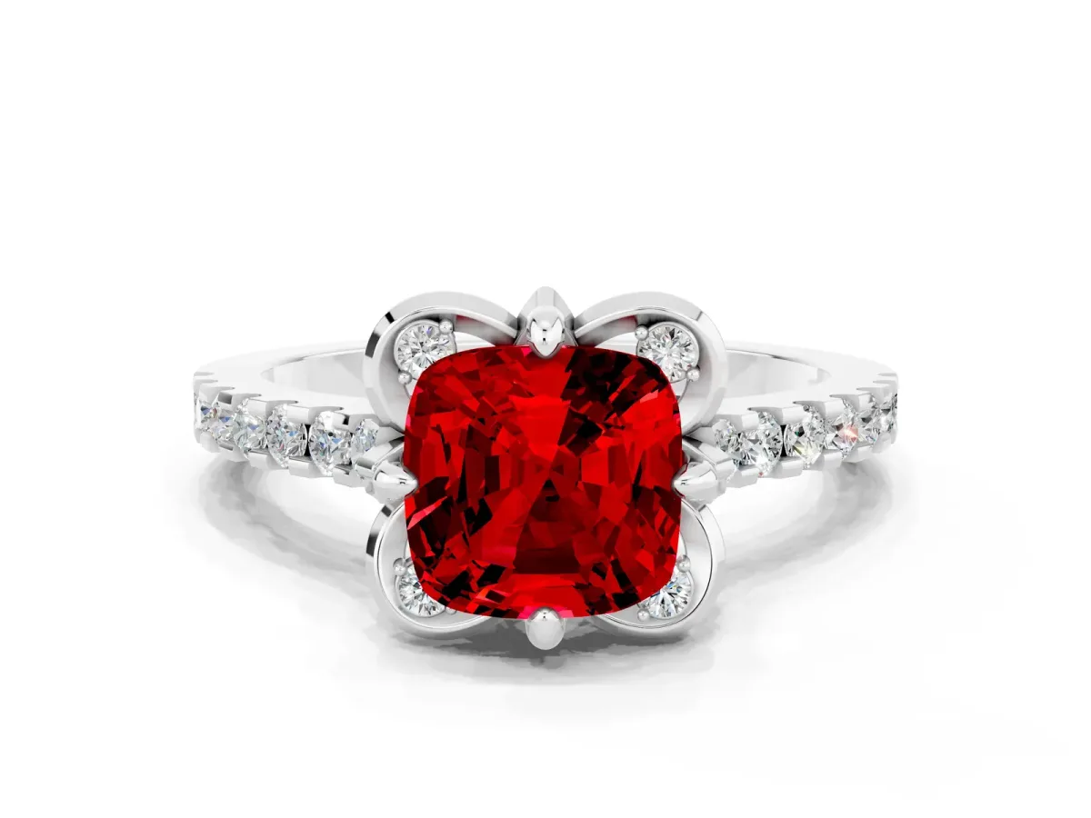 Cushion Cut Ruby Ring with Pavé Band and Floral Prong Setting White gold