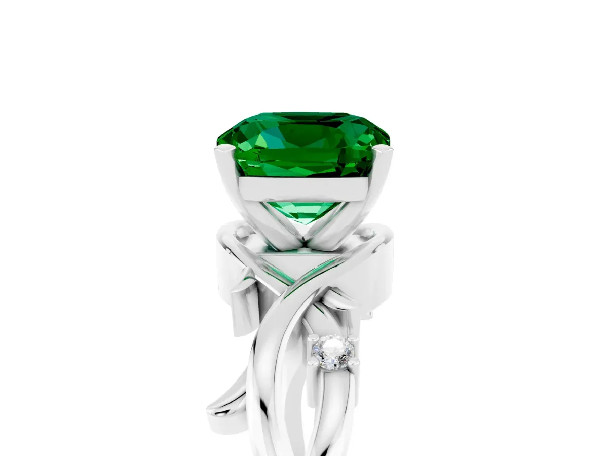 Cushion Cut Emerald Solitaire Ring with Twisted Band and Prong Setting Silver