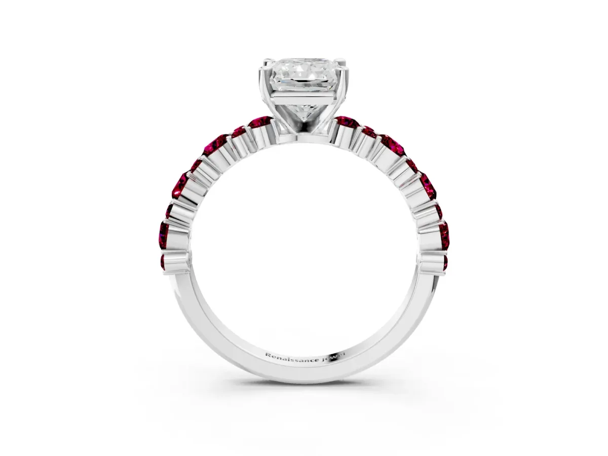 Radiant Cut Diamond Side Stone Solitaire Ring with Round Garnet and Four-Prong Setting Platinum