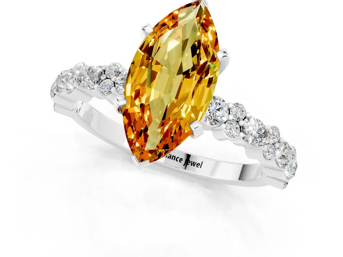 Marquise Cut Citrine Side Stone Solitaire Ring with Round and Four-Prong Setting Platinum