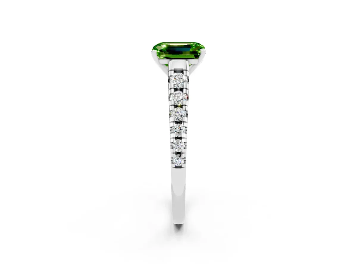 Emerald Cut Peridot Cathedral Solitaire Ring with Round Pavé Band Silver