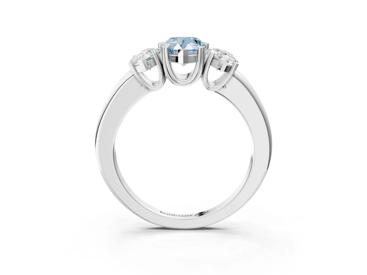 Fancy Blue Three-Stone Pear Cut Cut Diamond Ring with Channel Set Band and Four-Prong Setting Silver