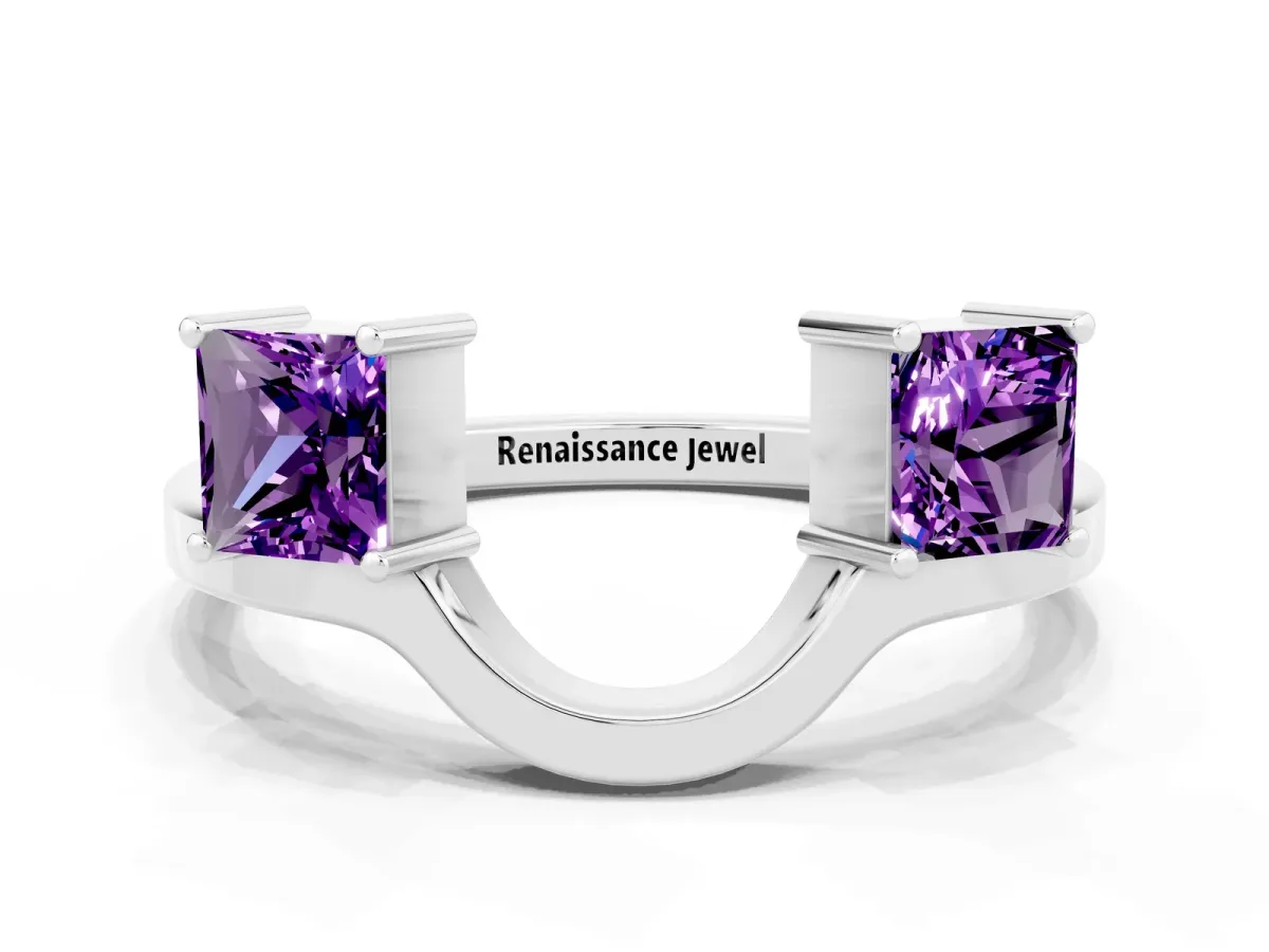 Princess Cut Amethyst Two-Stone Open Band Ring with Four-Prong Setting Platinum