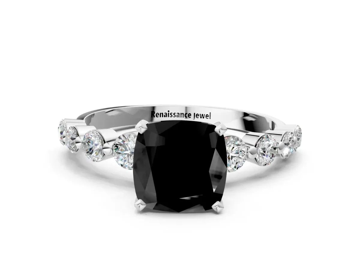 Fancy Black Cushion Cut Solitaire Diamond Ring with Pave Band and Four-Prong Setting Silver