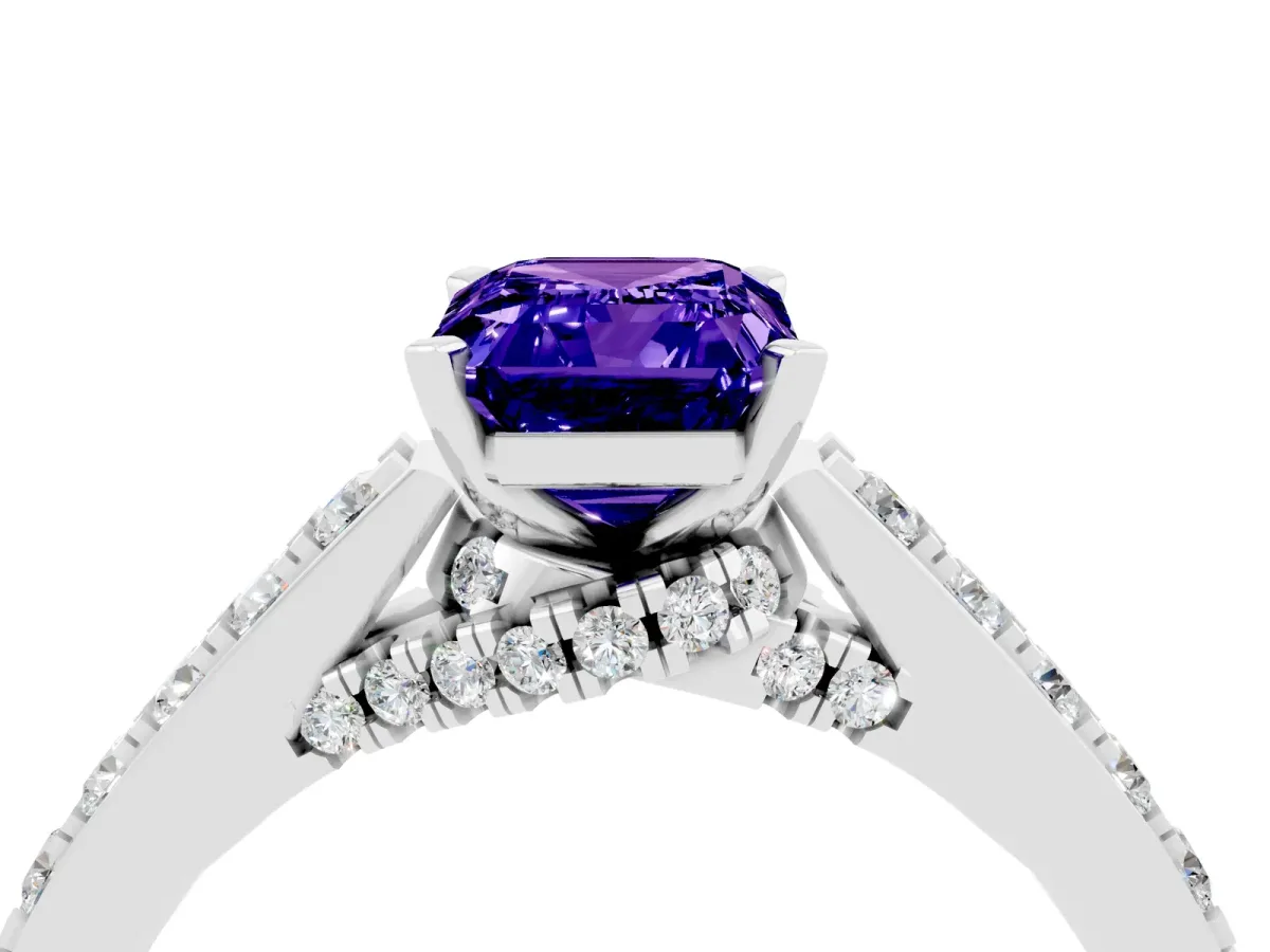 Emerald Cut Tanzanite Solitaire Ring with Crossover Gallery and Round Pavé Band Silver