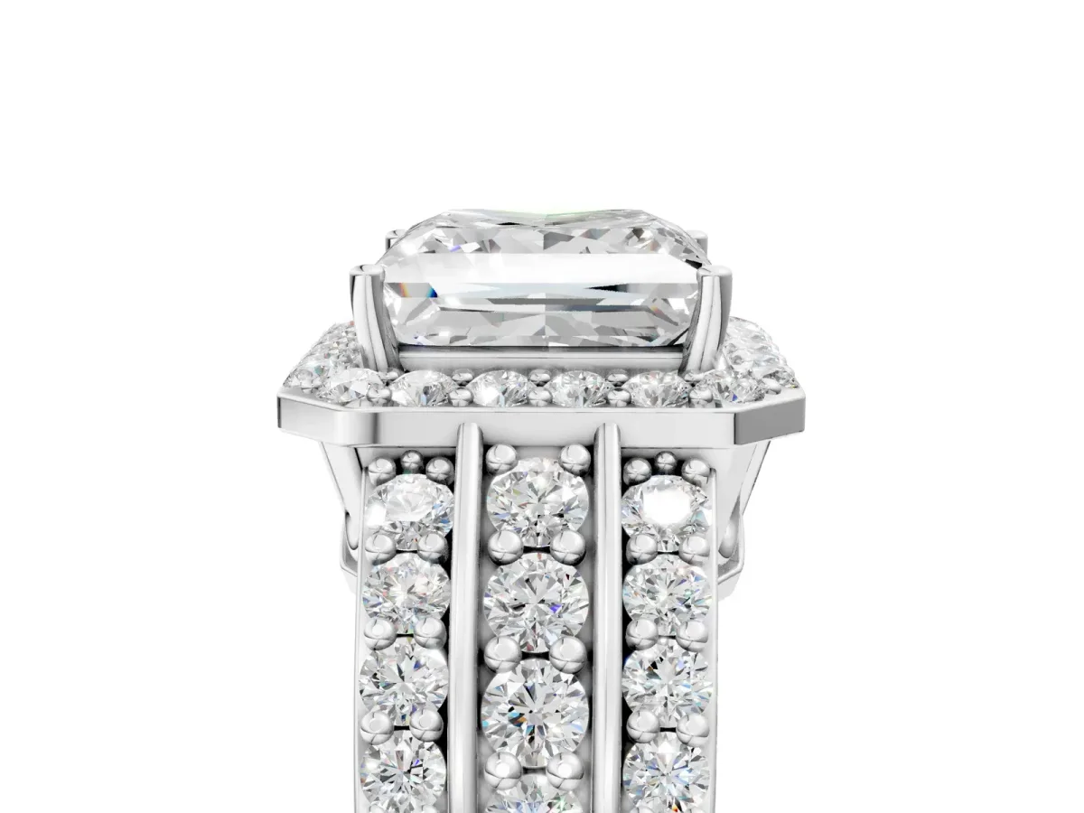 Princess Cut Halo Diamond Ring with Round Moissanite Split Shank and Prong Setting Silver