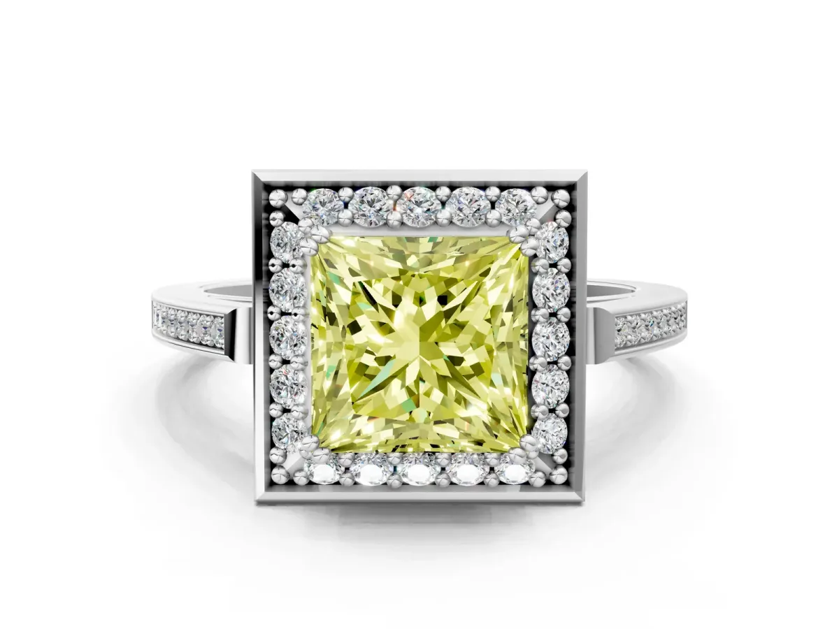 Fancy Yellow Princess Cut Diamond Halo Ring with Split Shank and Four-Prong Setting Platinum