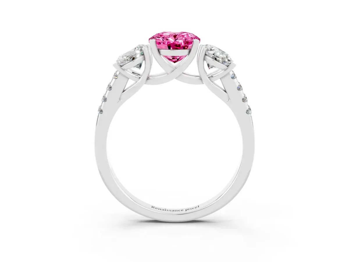 Three-Stone Oval Cut Pink Sapphire Ring with Round Pavé Band and Prong Setting Silver