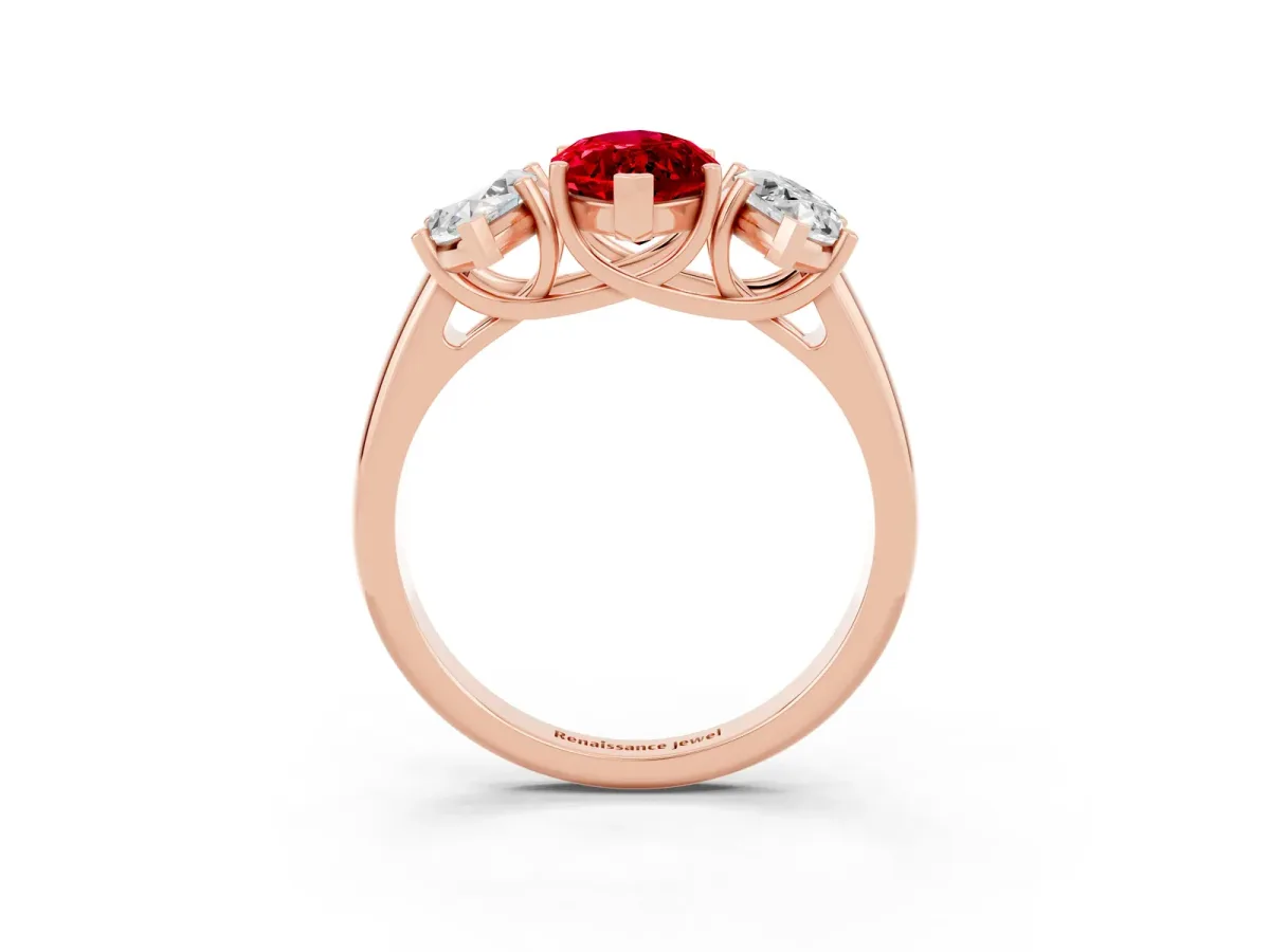 Three-Stone Marquise Cut Ruby Engagement Ring with Prong Setting Rose gold