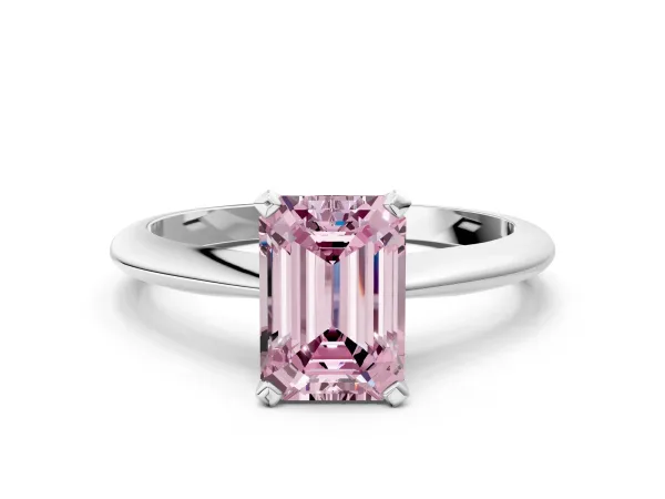 Fancy Pink Emerald Cut Diamond Solitaire Engagement Ring with Classic Band and Four-Prong Setting Silver