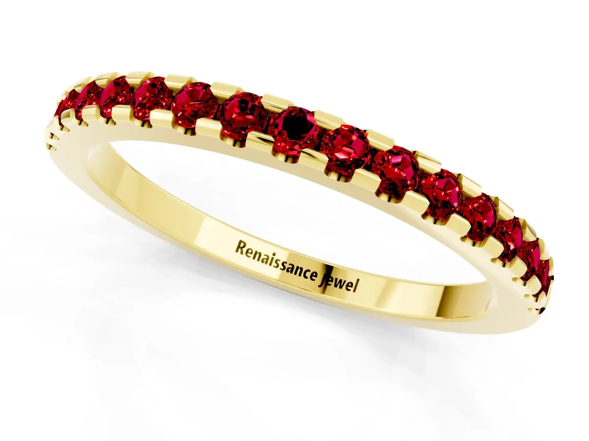 Round Ruby Pavé Set Eternity Band with Micro Prong Setting Yellow gold