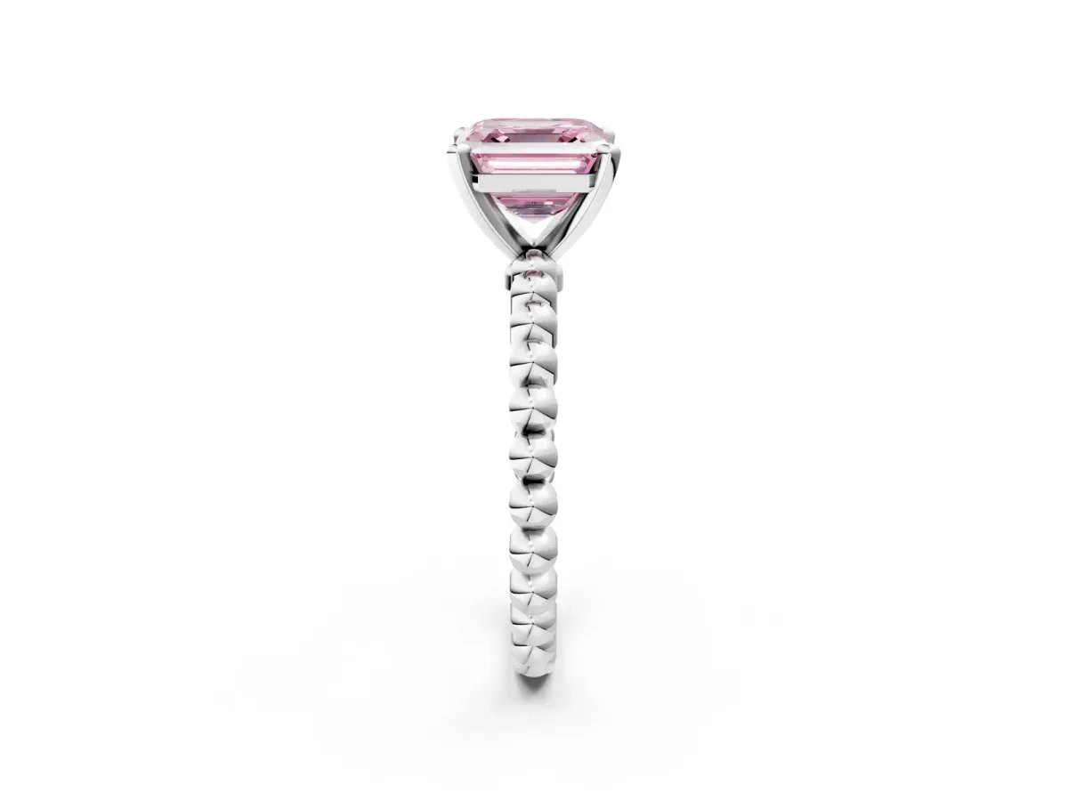 Fancy Pink Asscher Cut Diamond Solitaire Ring with Beaded Band and Prong Setting Platinum