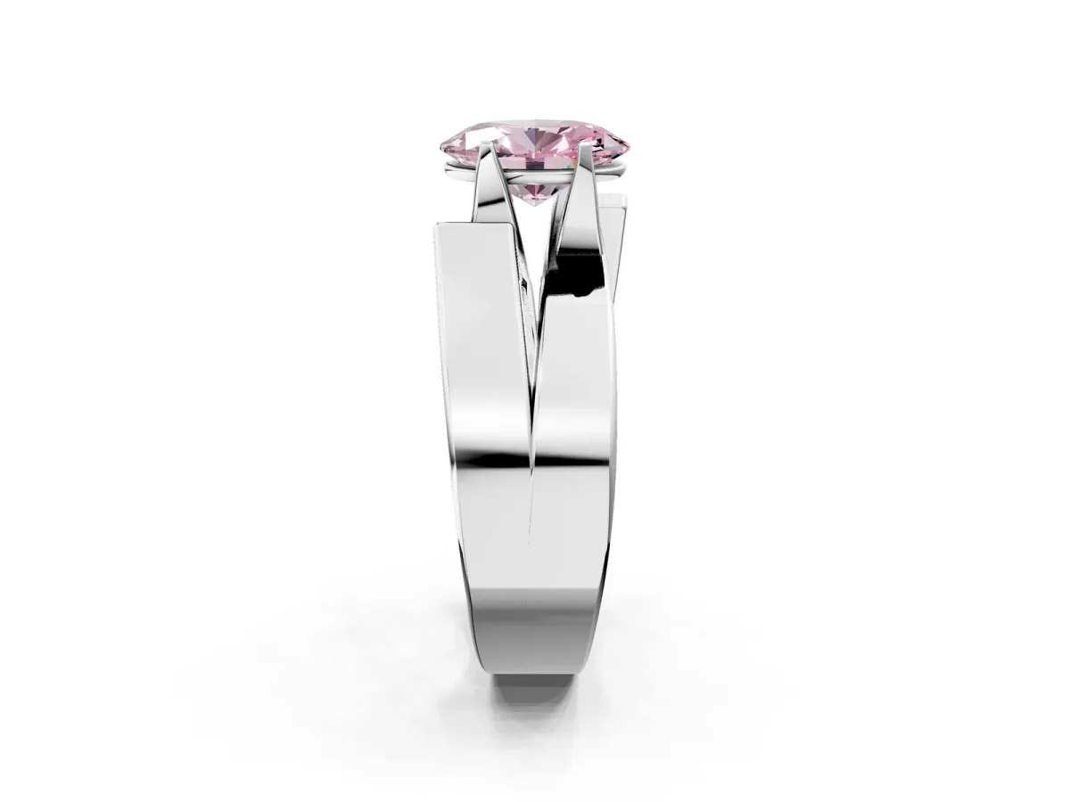 Fancy Pink Modern Tension Set Oval Cut Diamond Solitaire Wide Band Ring Silver