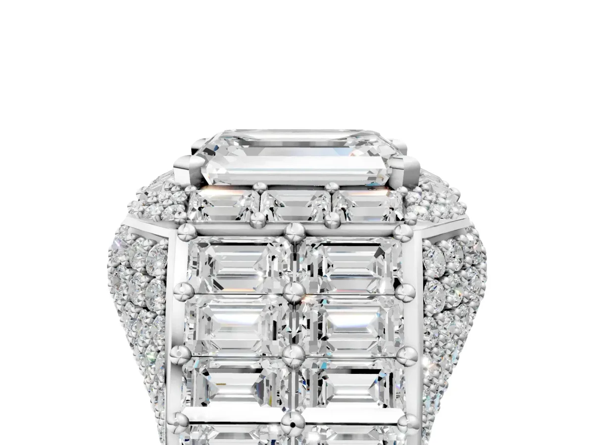 Emerald Cut Diamond Pavé Statement Mens Ring with Baguette Accents Silver