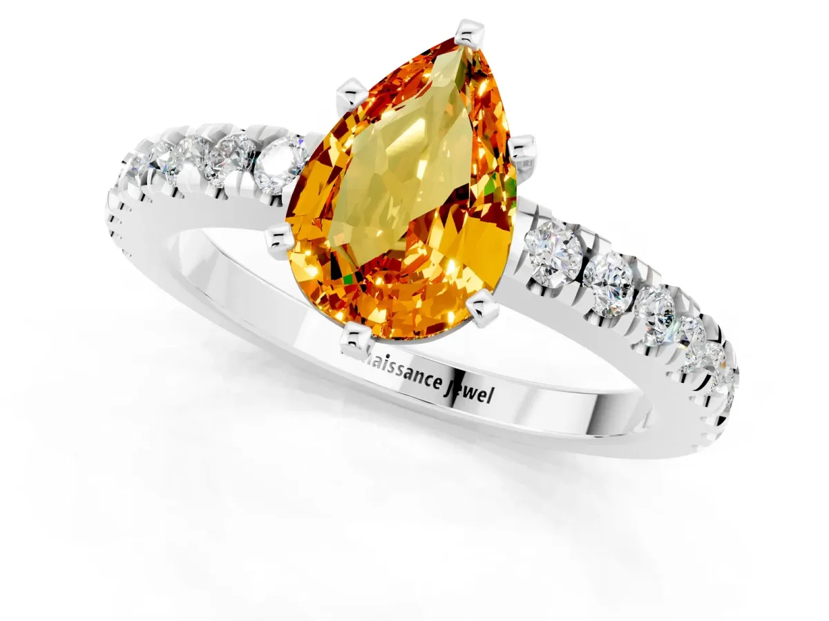 Pear Cut Solitaire Citrine with Pavé Band and Four-Prong Setting Silver