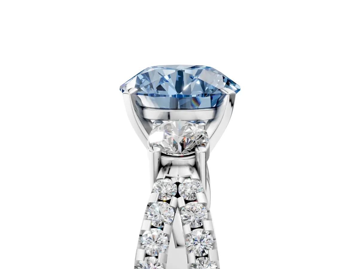 Fancy Blue Round Cut Diamond Three-Stone Ring with Pavé Split Shank and Four-Prong Setting Silver