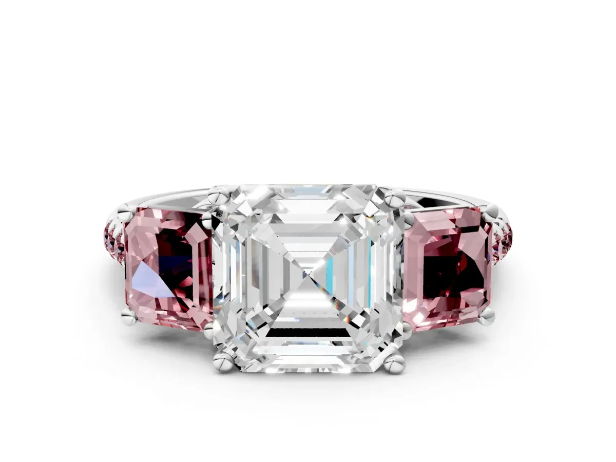 Three-Stone Asscher Cut Diamond Ring with Round Morganite Pavé Band and Prong Setting Silver