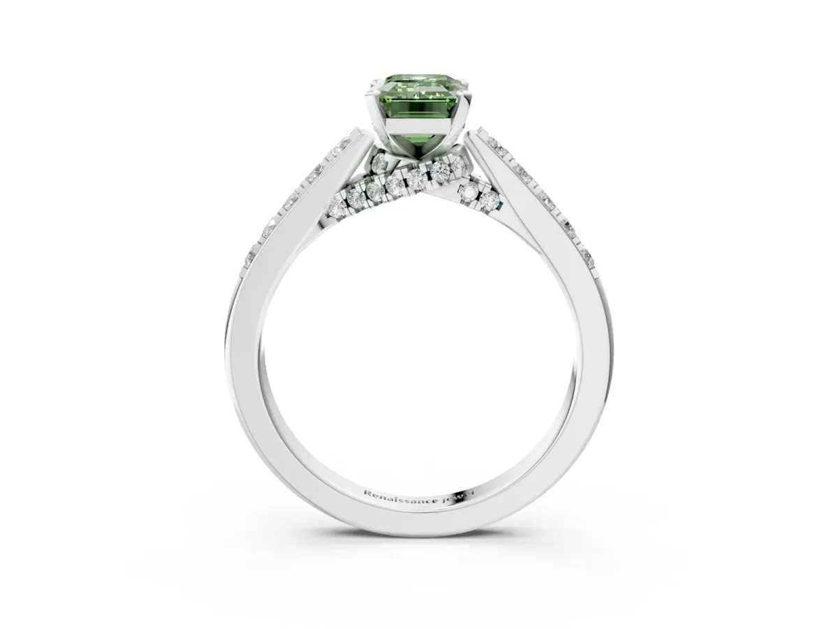 Fancy Green Emerald Cut Diamond Solitaire Ring with Crossover Gallery and Round Pavé Band Silver