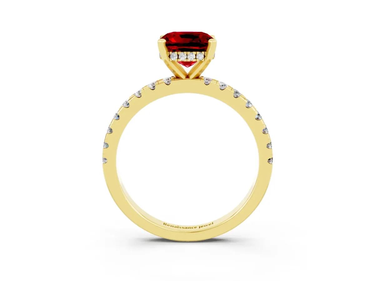 Cushion Cut Ruby Solitaire Ring with Round Pavé Band and Four-Prong Setting Yellow gold