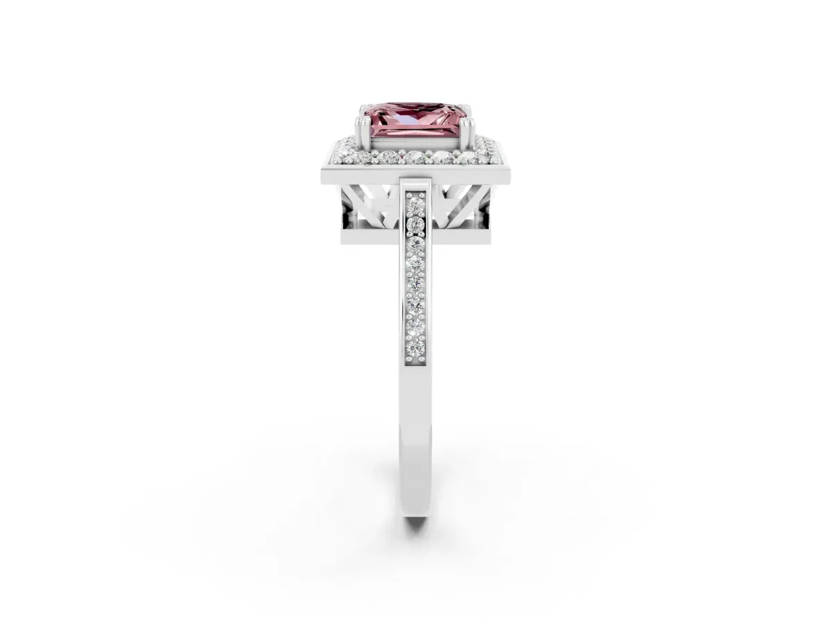 Princess Cut Morganite Halo Ring with Split Shank and Four-Prong Setting Platinum